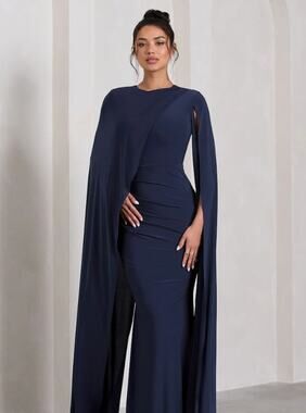 Club L London Magdelena Asymmetric Cape Maxi Dress in Navy Blue, Size 2